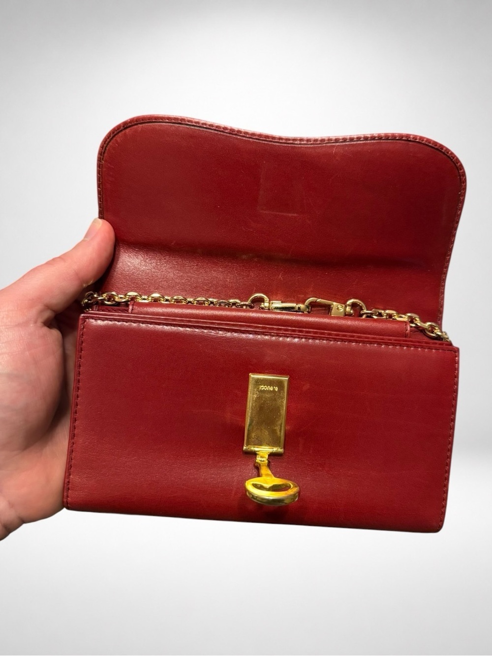 Gucci Vintage Authentic Red Leather Wallet Chain Crossbody Clutch Horsebit COA - Picture 5 of 16